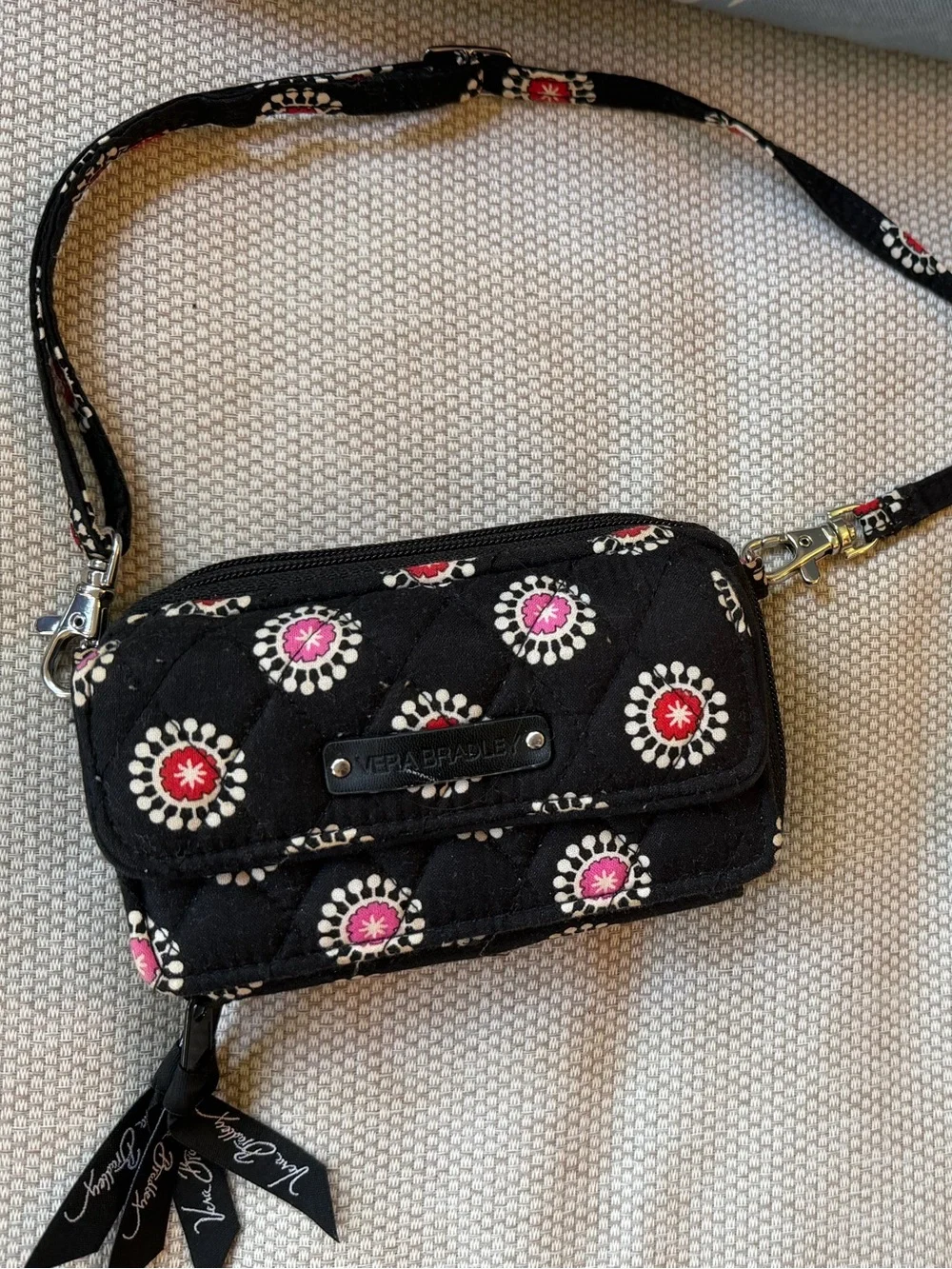 Vera Bradley Black Quilted Crossbody Wallet with Pink & Red Floral Circles
